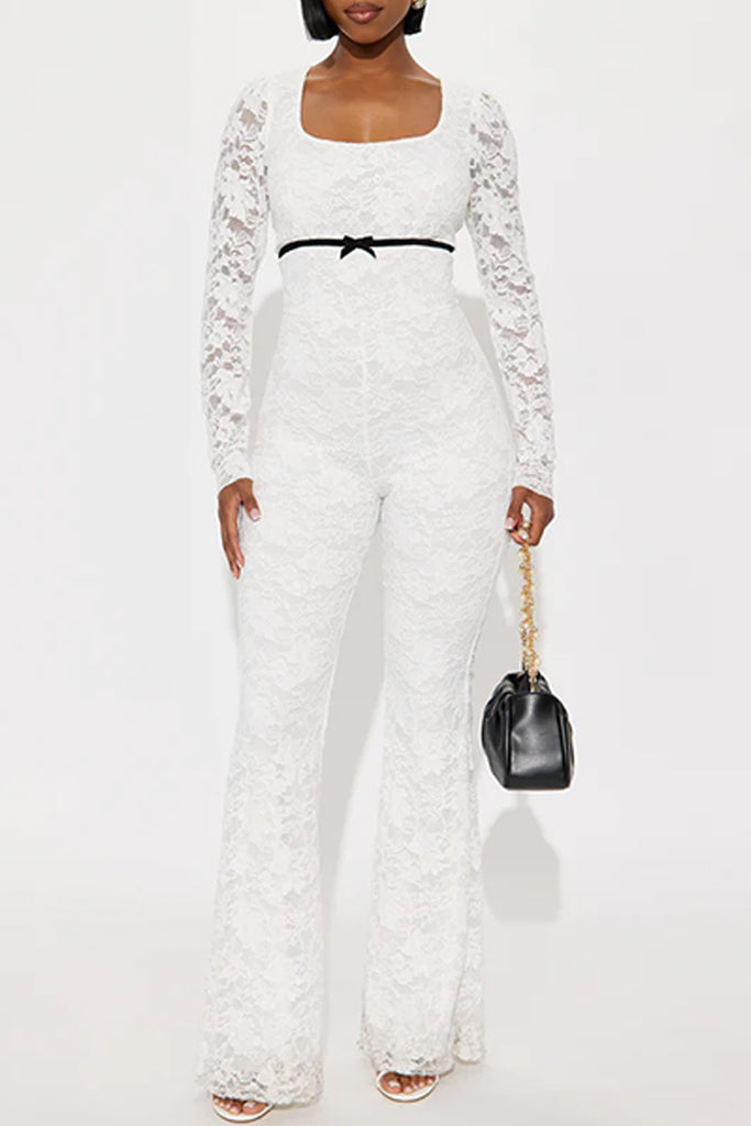 Sexy Solid Color Lace Patchwork See-Through U Neck Bodycon Jumpsuits