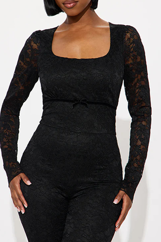 Sexy Solid Color Lace Patchwork See-Through U Neck Bodycon Jumpsuits