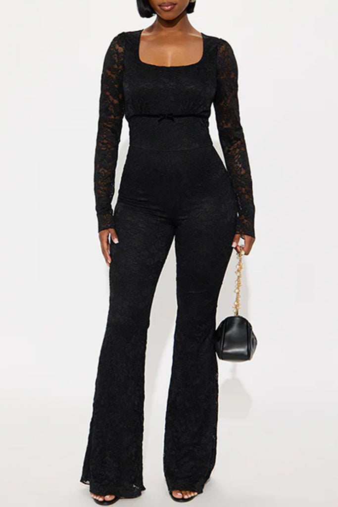 Sexy Solid Color Lace Patchwork See-Through U Neck Bodycon Jumpsuits