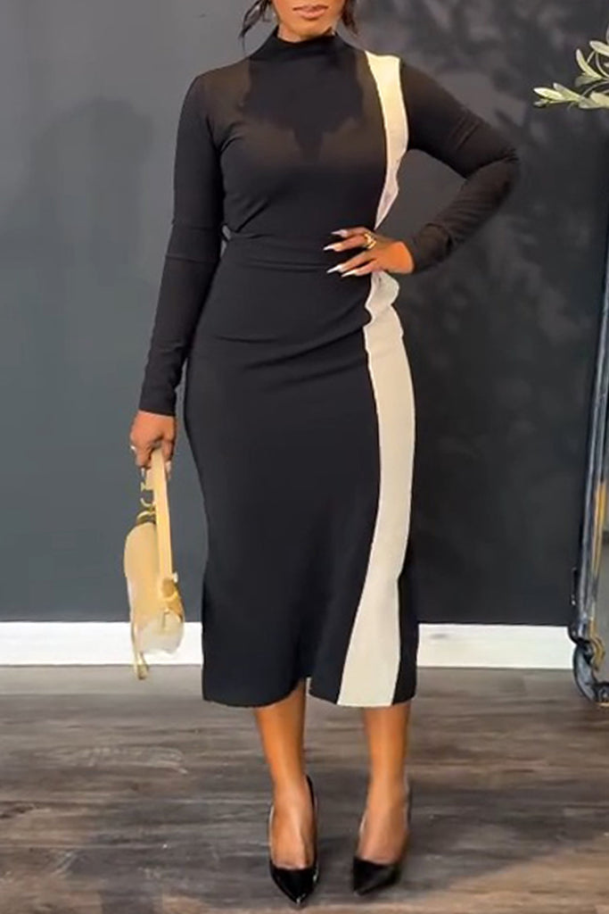 Casual Daily Patchwork Contrast Turtleneck Long Sleeve Dresses