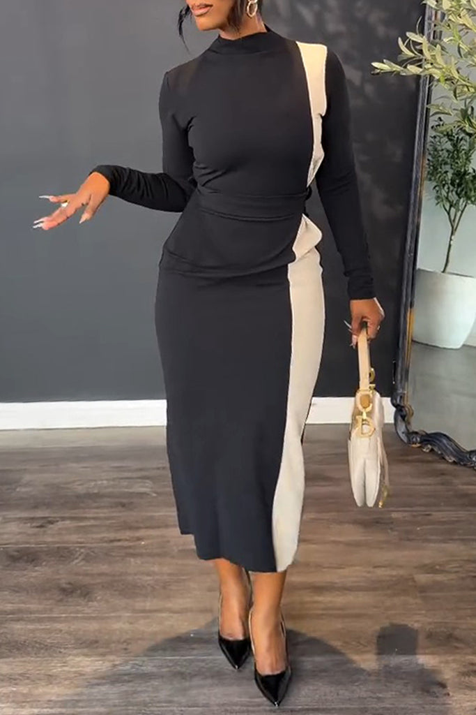 Casual Daily Patchwork Contrast Turtleneck Long Sleeve Dresses