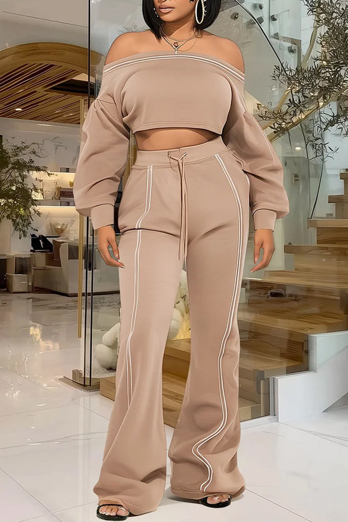 Casual Daily Solid Color Patchwork Backless Off Shoulder Long Sleeve Two Pieces