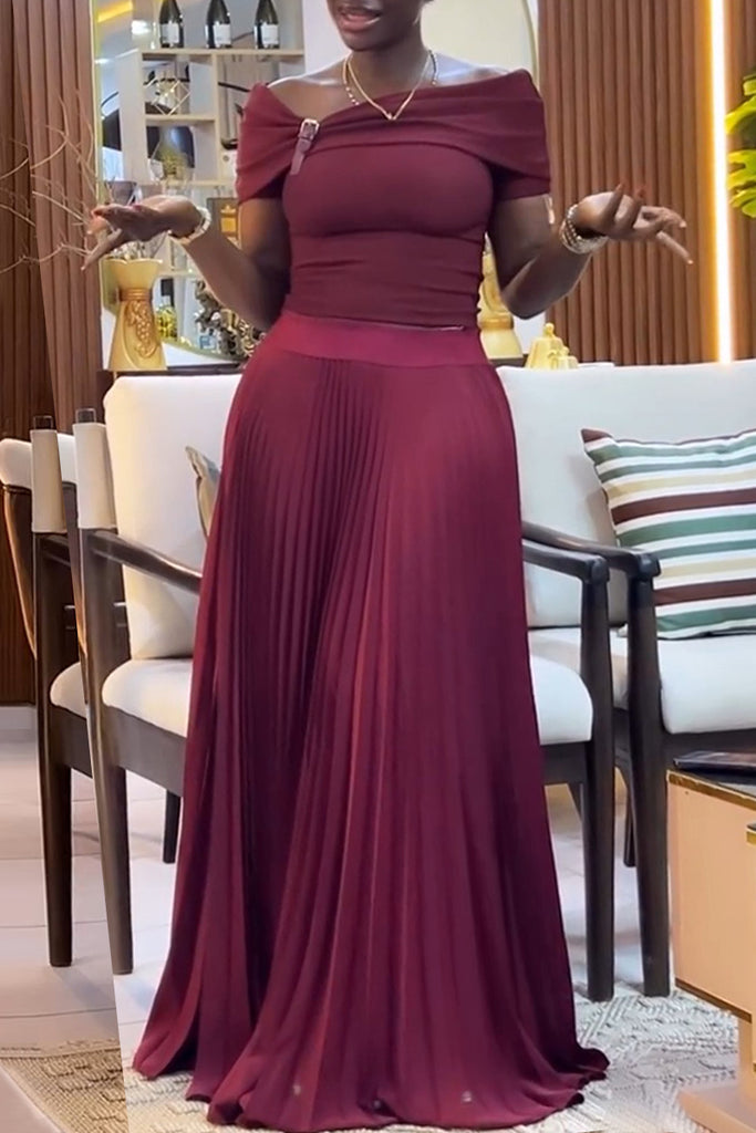 Daily Elegant Solid Color Ruched Off Shoulder Short Sleeve Two Pieces
