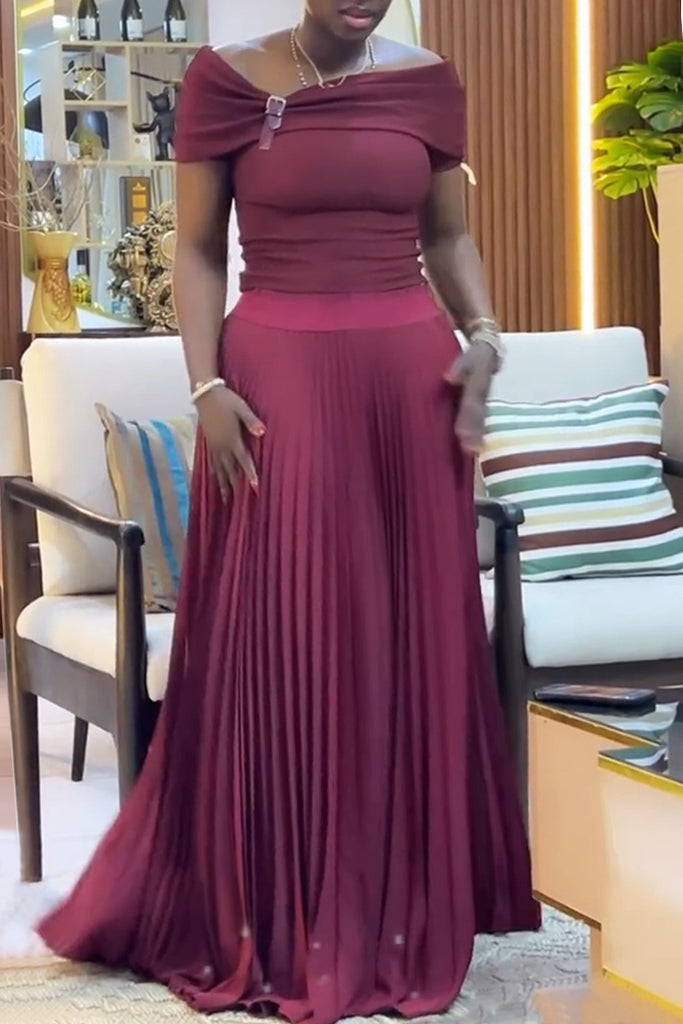 Daily Elegant Solid Color Ruched Off Shoulder Short Sleeve Two Pieces