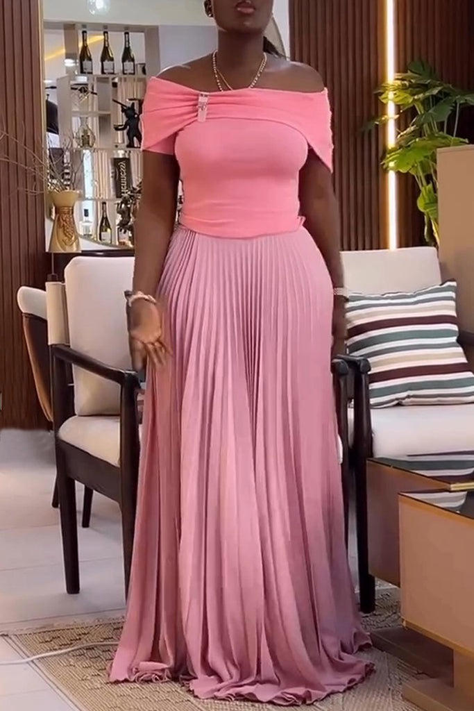 Daily Elegant Solid Color Ruched Off Shoulder Short Sleeve Two Pieces
