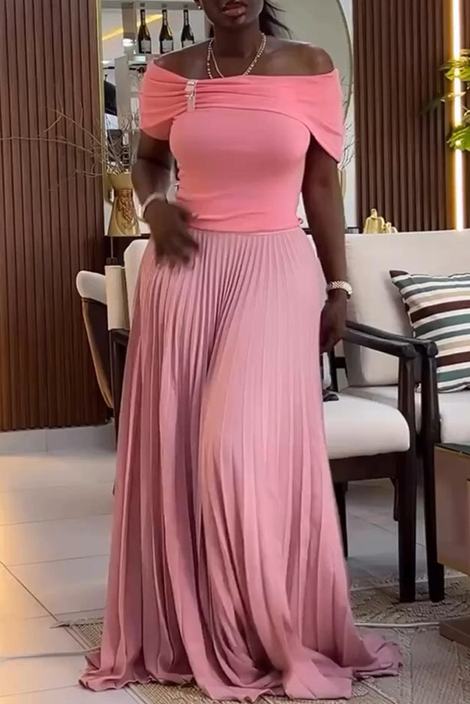 Daily Elegant Solid Color Ruched Off Shoulder Short Sleeve Two Pieces