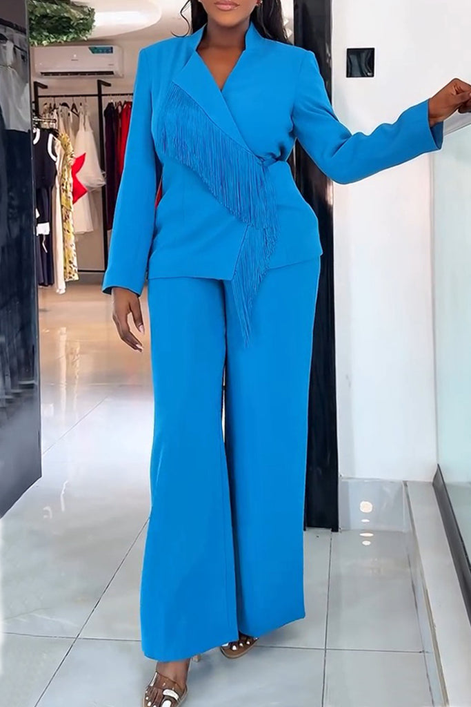Daily Solid Color Fringed Trim Patchwork Turn-back Collar Long Sleeve Two Pieces
