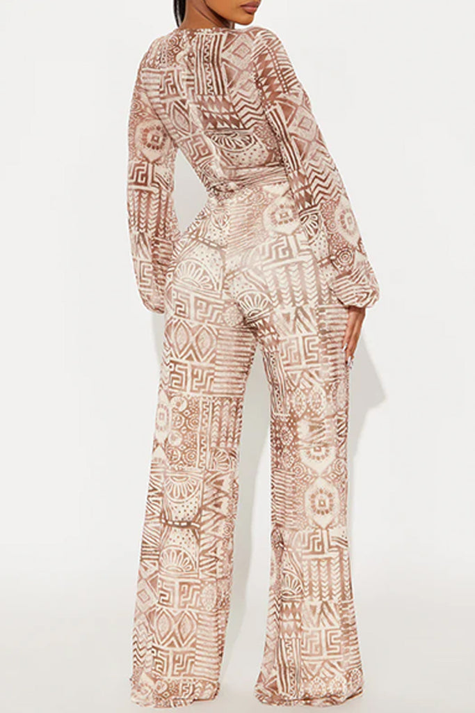 Sexy Print Basic Deep V Neck Regular Jumpsuits