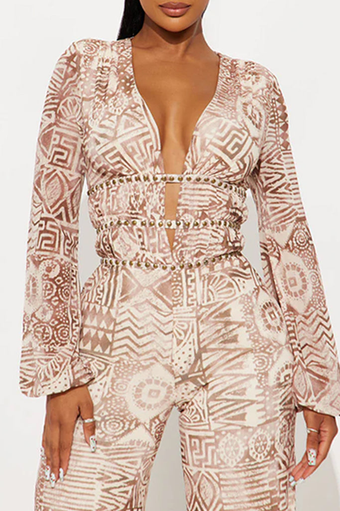 Sexy Print Basic Deep V Neck Regular Jumpsuits