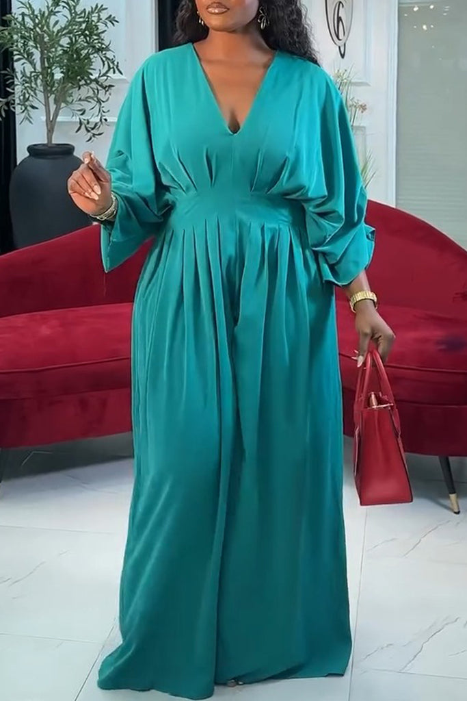 Casual Daily Solid Color Ruched V Neck Regular Jumpsuits