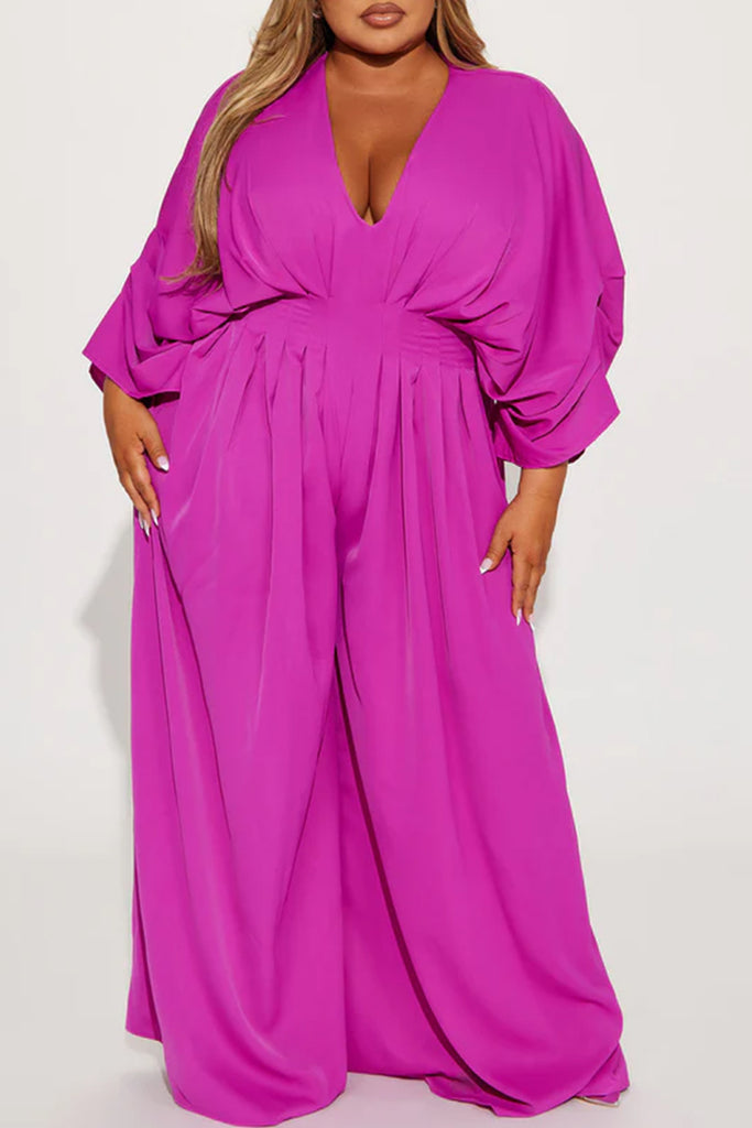 Casual Daily Solid Color Ruched V Neck Regular Jumpsuits