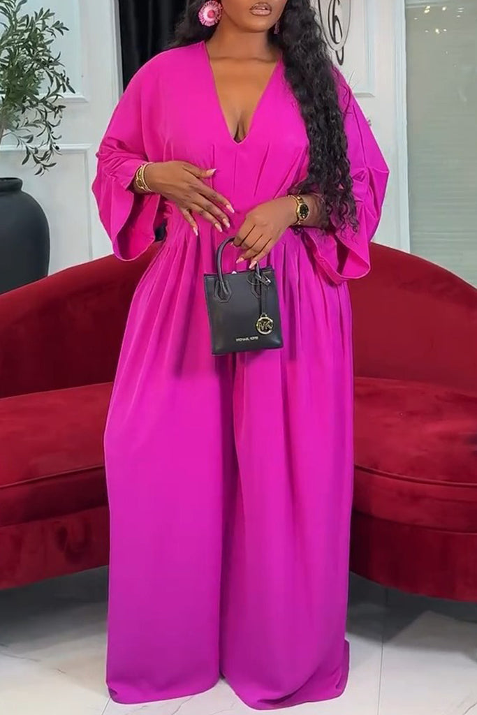 Casual Daily Solid Color Ruched V Neck Regular Jumpsuits