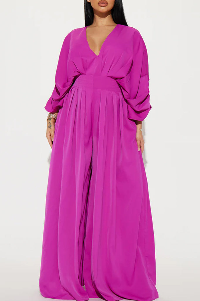 Casual Daily Solid Color Ruched V Neck Regular Jumpsuits