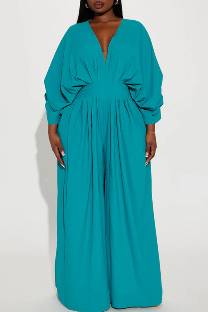 Casual Daily Solid Color Ruched V Neck Regular Jumpsuits