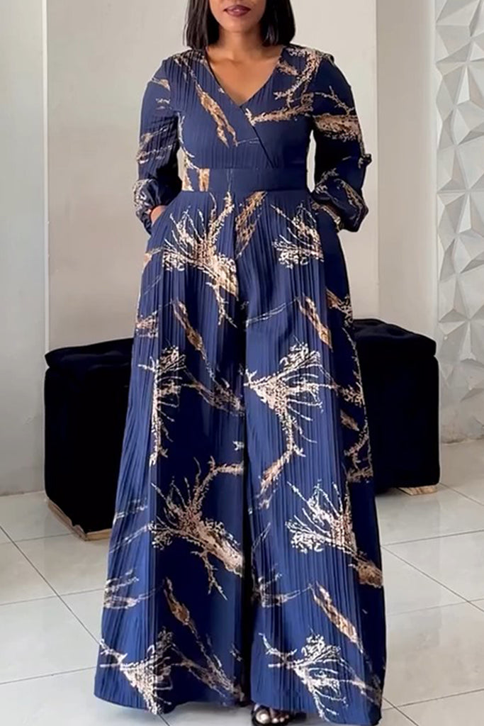Casual Daily Print Basic V Neck Regular Jumpsuits