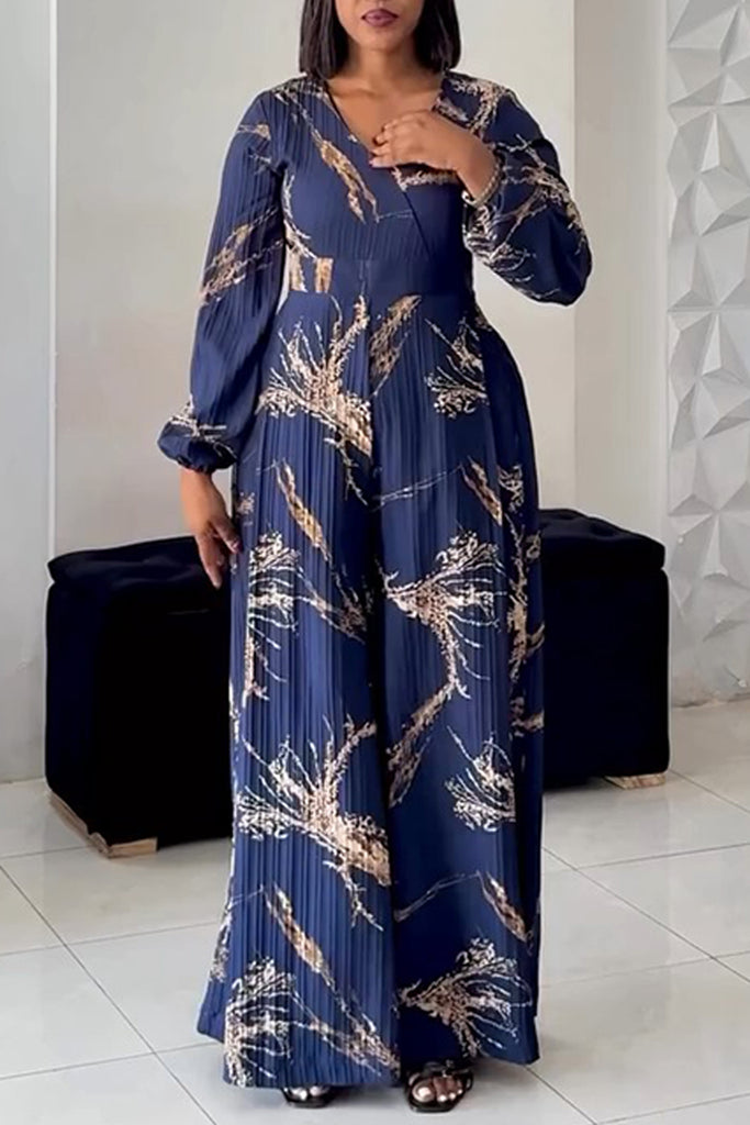 Casual Daily Print Basic V Neck Regular Jumpsuits