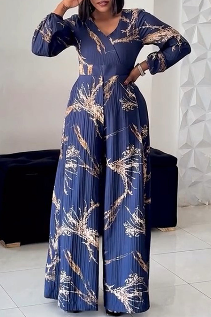 Casual Daily Print Basic V Neck Regular Jumpsuits