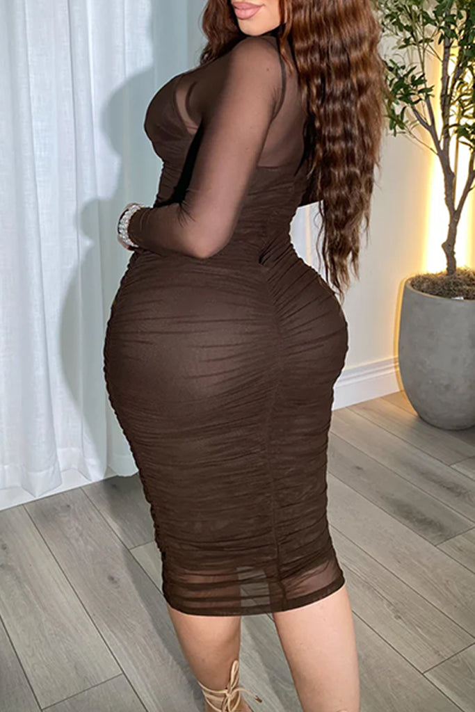Sexy Solid Color Patchwork See-Through Ruched O Neck Wrapped Skirt Dresses