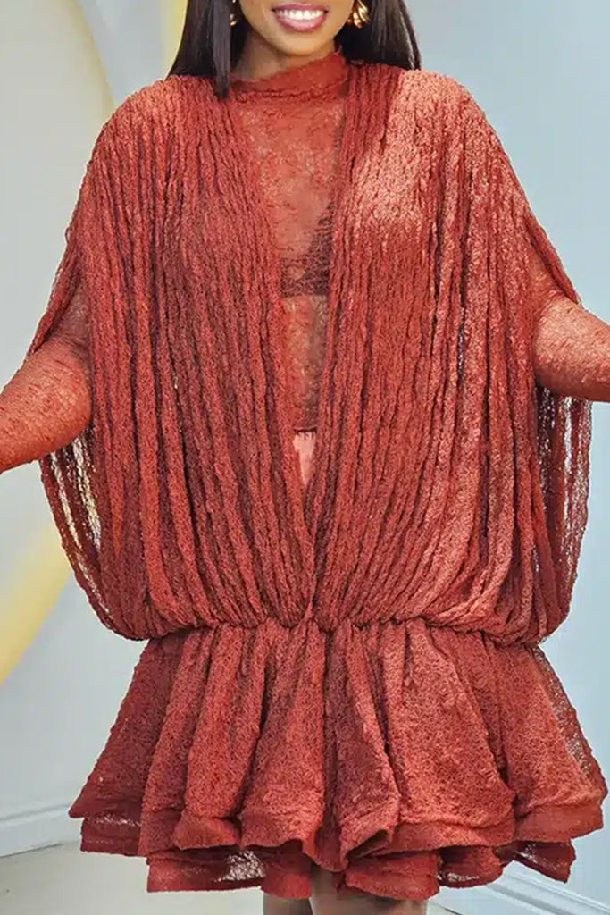 Sexy Party Solid Color Patchwork See-Through Half A Turtleneck Long Sleeve Two Pieces