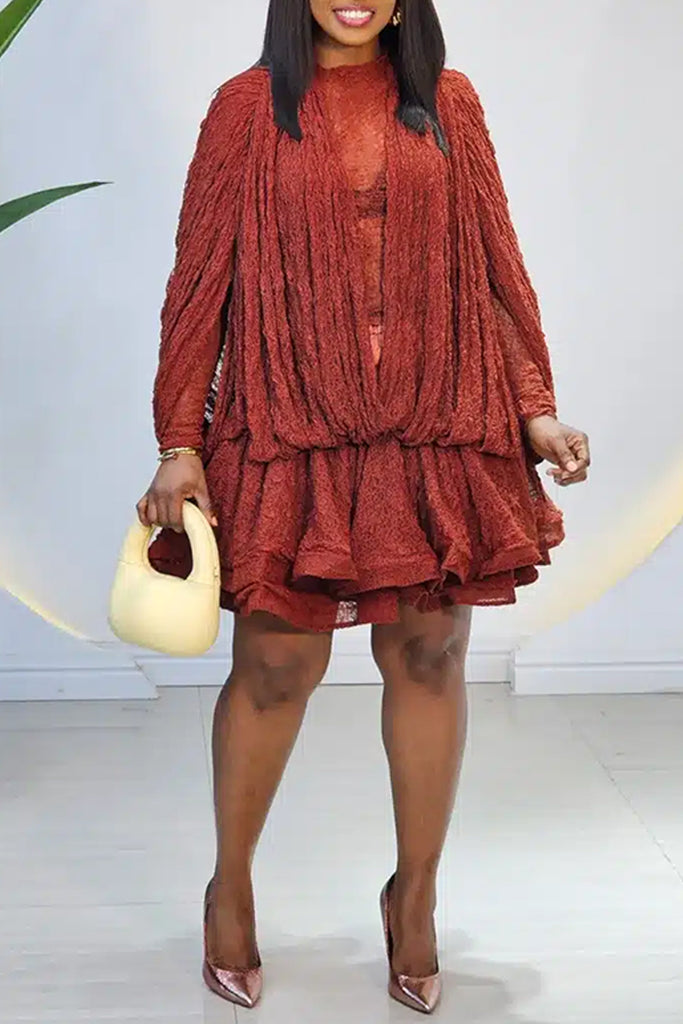 Sexy Party Solid Color Patchwork See-Through Half A Turtleneck Long Sleeve Two Pieces