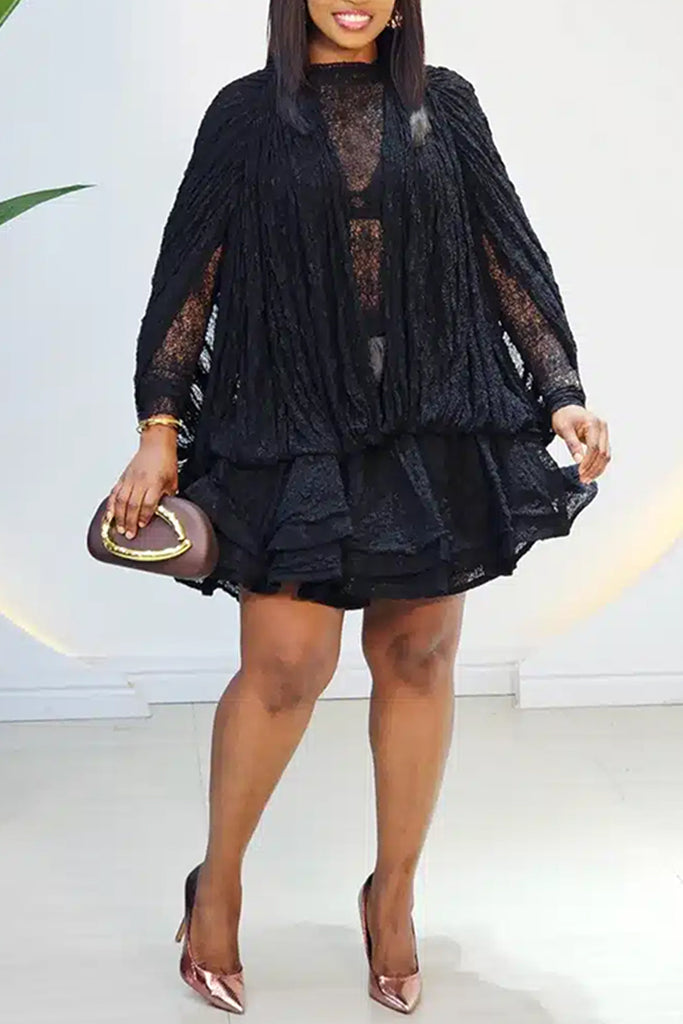 Sexy Party Solid Color Patchwork See-Through Half A Turtleneck Long Sleeve Two Pieces