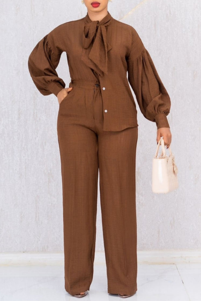 Casual Daily Solid Color Buttons Tie Neck Long Sleeve Two Pieces