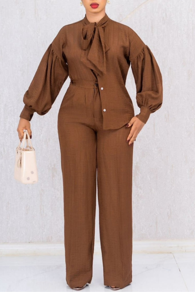 Casual Daily Solid Color Buttons Tie Neck Long Sleeve Two Pieces