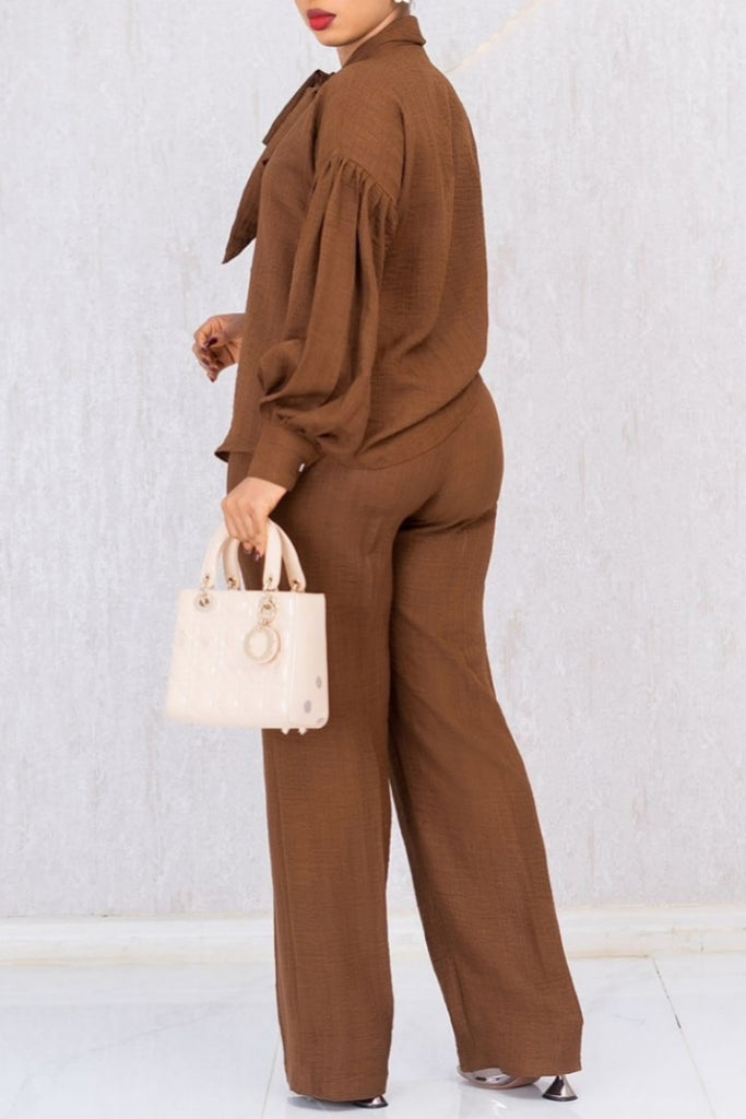 Casual Daily Solid Color Buttons Tie Neck Long Sleeve Two Pieces