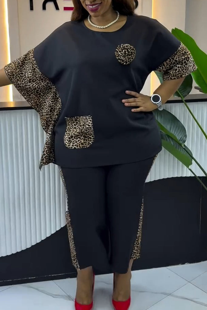 Casual Daily Leopard Print Pocket Patchwork O Neck Half Sleeve Two Pieces