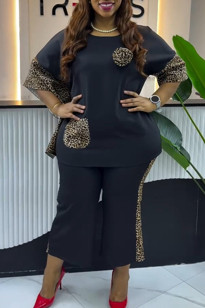 Casual Daily Leopard Print Pocket Patchwork O Neck Half Sleeve Two Pieces