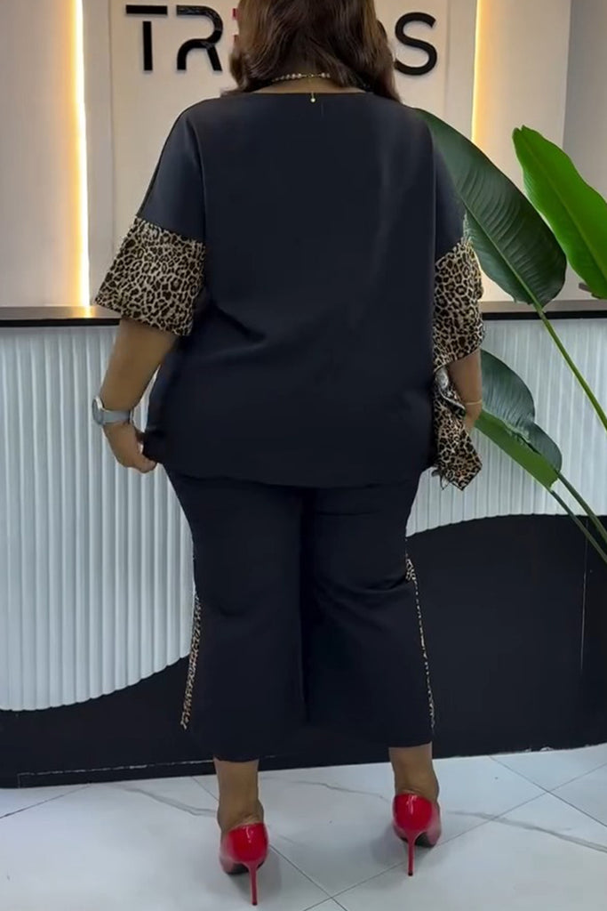 Casual Daily Leopard Print Pocket Patchwork O Neck Half Sleeve Two Pieces