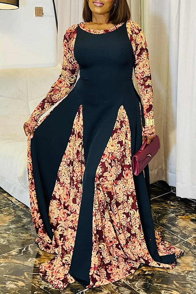 Casual Daily Print Patchwork O Neck Long Dresses