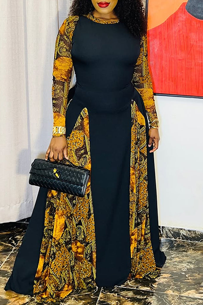 Casual Daily Print Patchwork O Neck Long Dresses