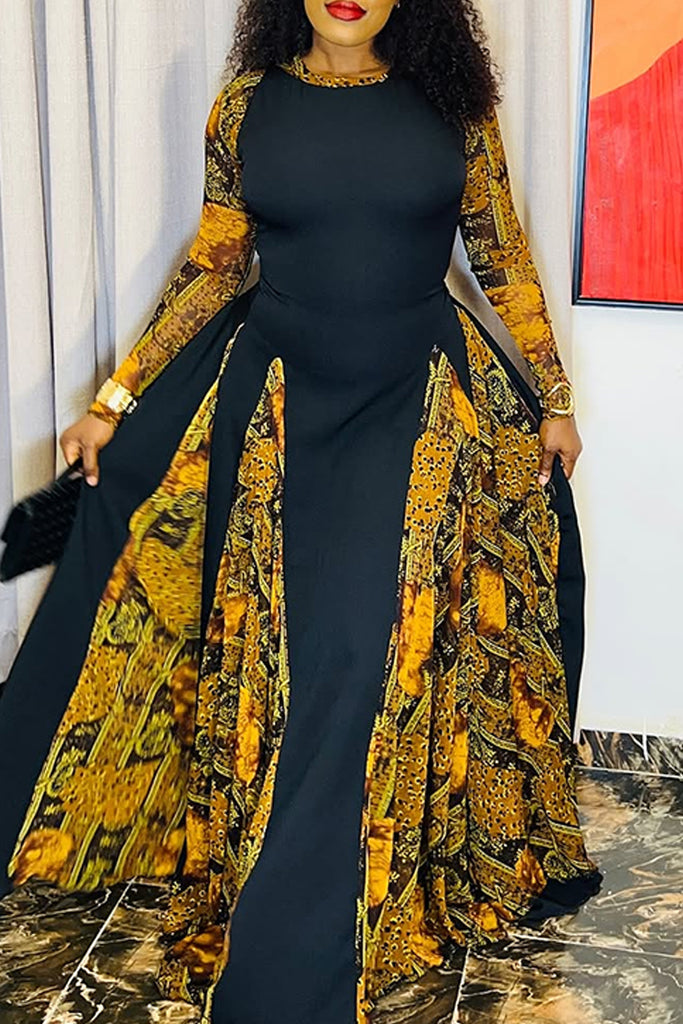 Casual Daily Print Patchwork O Neck Long Dresses