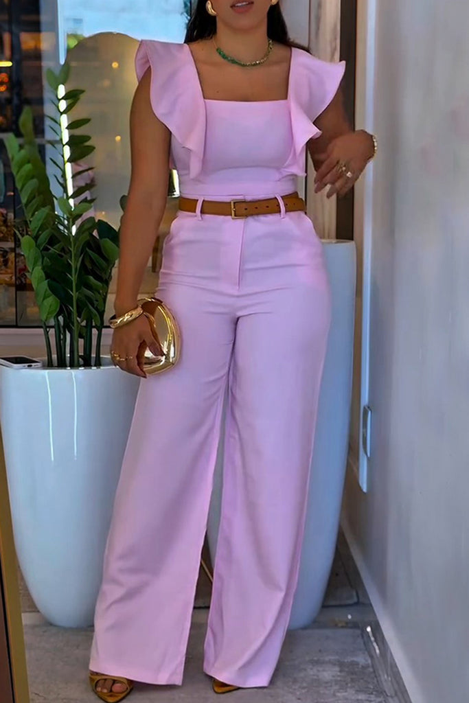 Casual Daily Solid Color Ruffle Square Neck Sleeveless Two Pieces (Without Belt)
