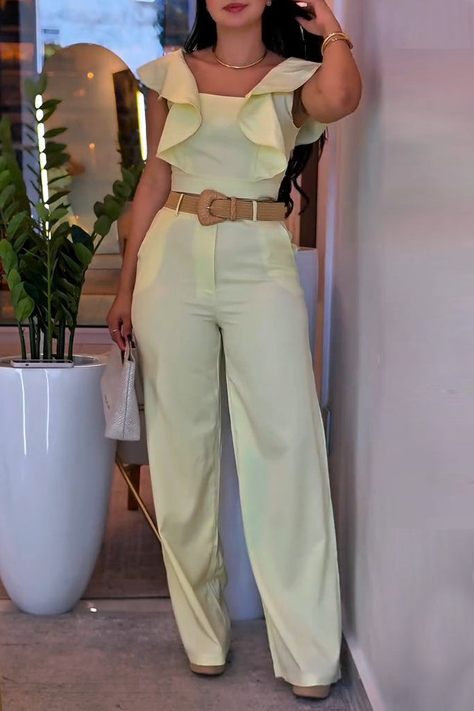 Casual Daily Solid Color Ruffle Square Neck Sleeveless Two Pieces (Without Belt)