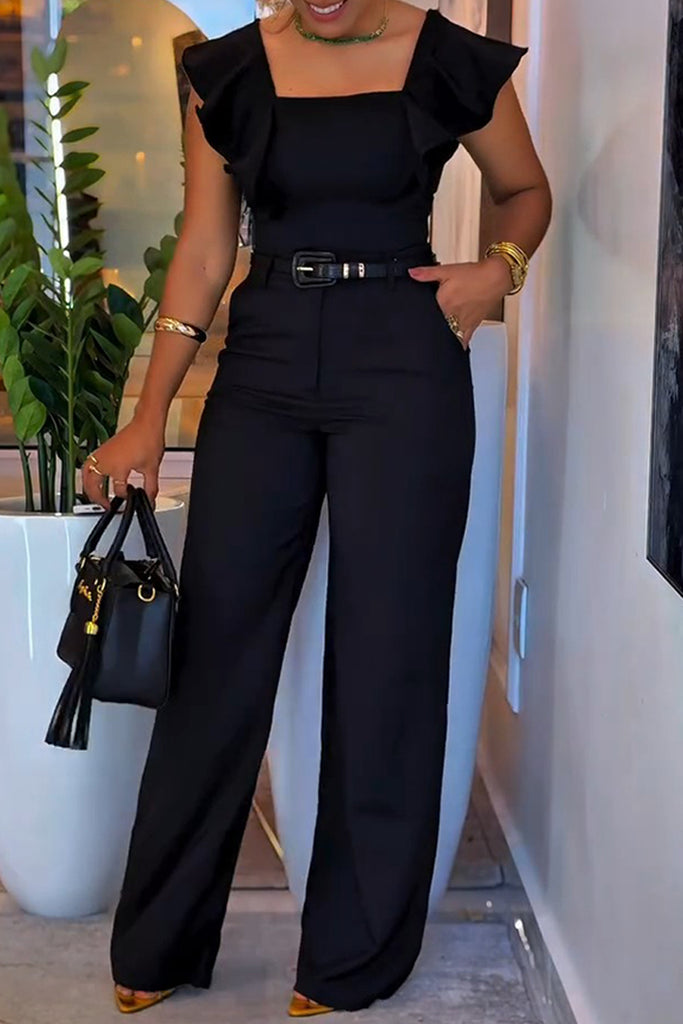 Casual Daily Solid Color Ruffle Square Neck Sleeveless Two Pieces (Without Belt)