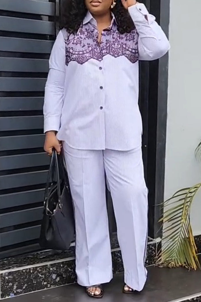 Casual Daily Patchwork Buttons Turndown Collar Long Sleeve Two Pieces