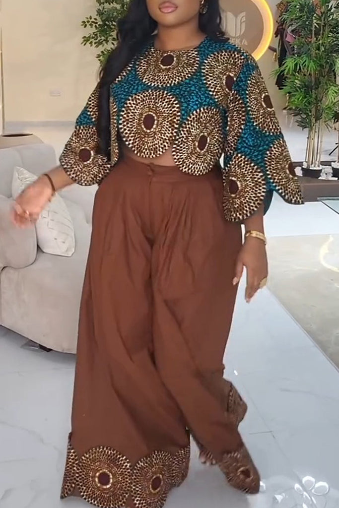 Casual Daily Print Patchwork O Neck Half Sleeve Two Pieces