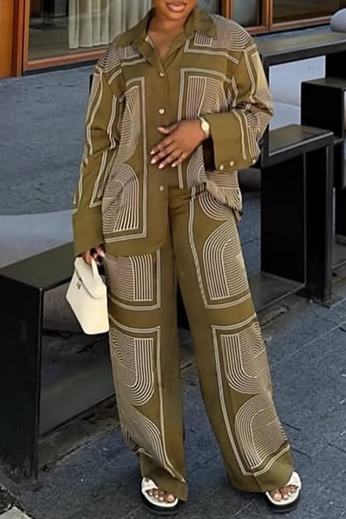 Casual Daily Print Buttons Turndown Collar Long Sleeve Two Pieces