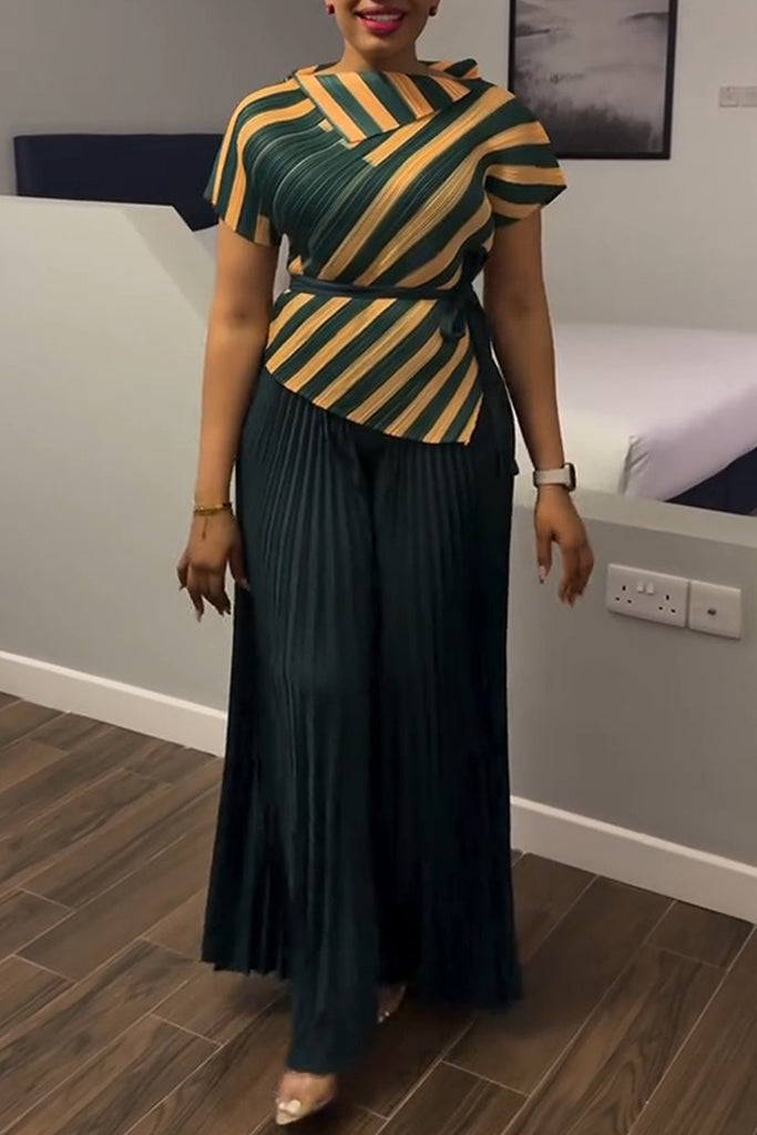 Casual Daily Striped Print Slit With Belt Short Sleeve Two Pieces