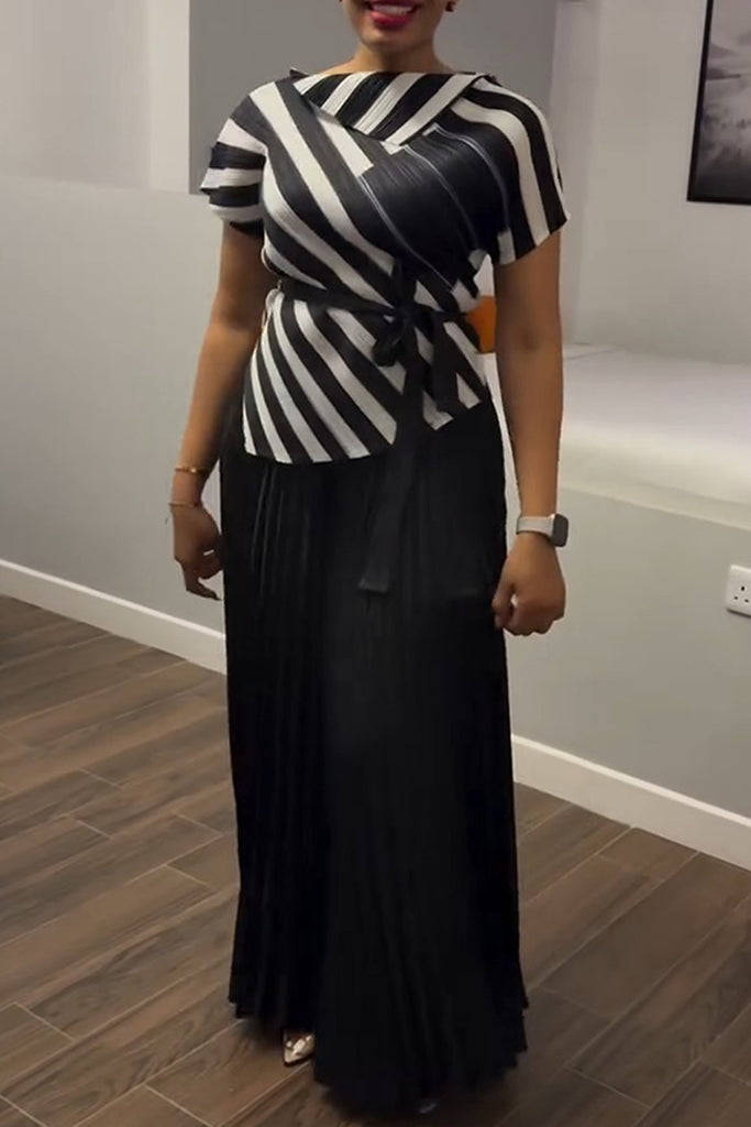 Casual Daily Striped Print Slit With Belt Short Sleeve Two Pieces