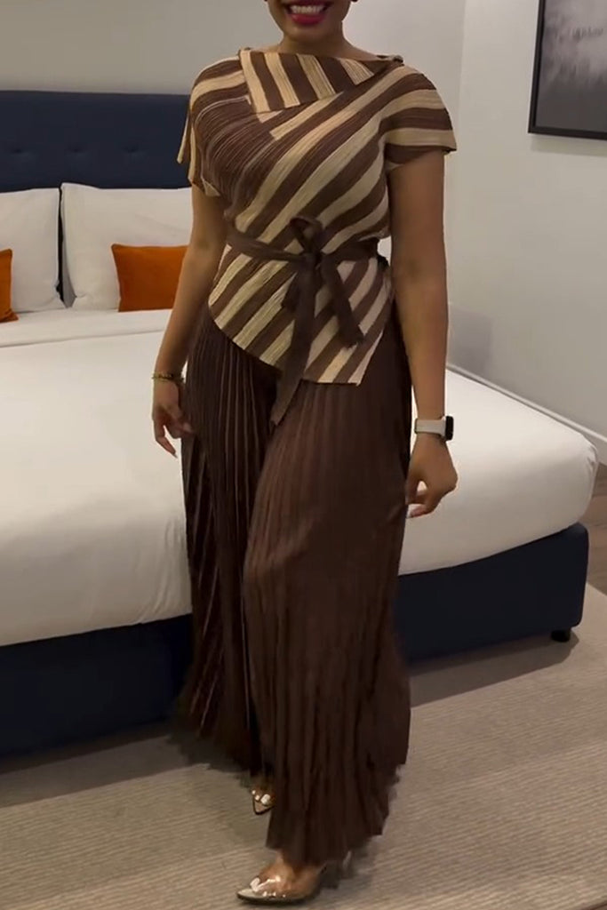 Casual Daily Striped Print Slit With Belt Short Sleeve Two Pieces