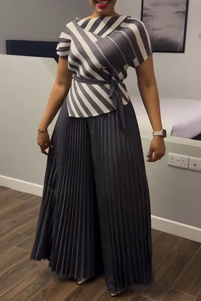 Casual Daily Striped Print Slit With Belt Short Sleeve Two Pieces