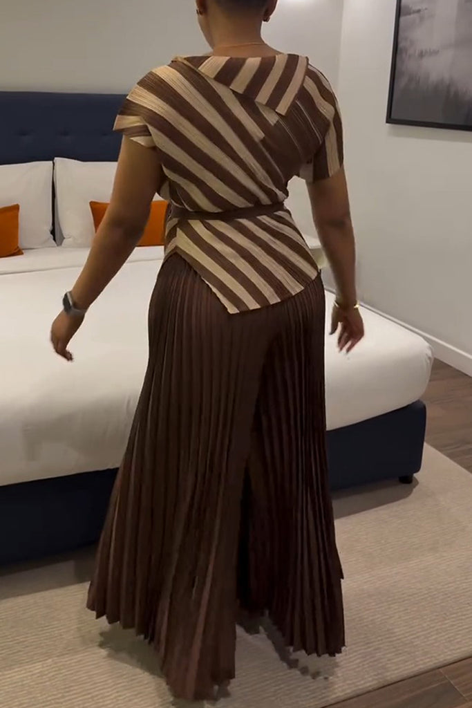 Casual Daily Striped Print Slit With Belt Short Sleeve Two Pieces