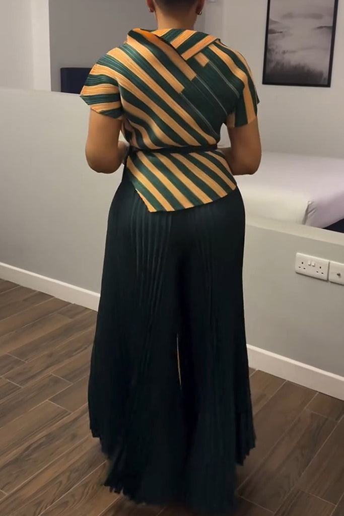 Casual Daily Striped Print Slit With Belt Short Sleeve Two Pieces