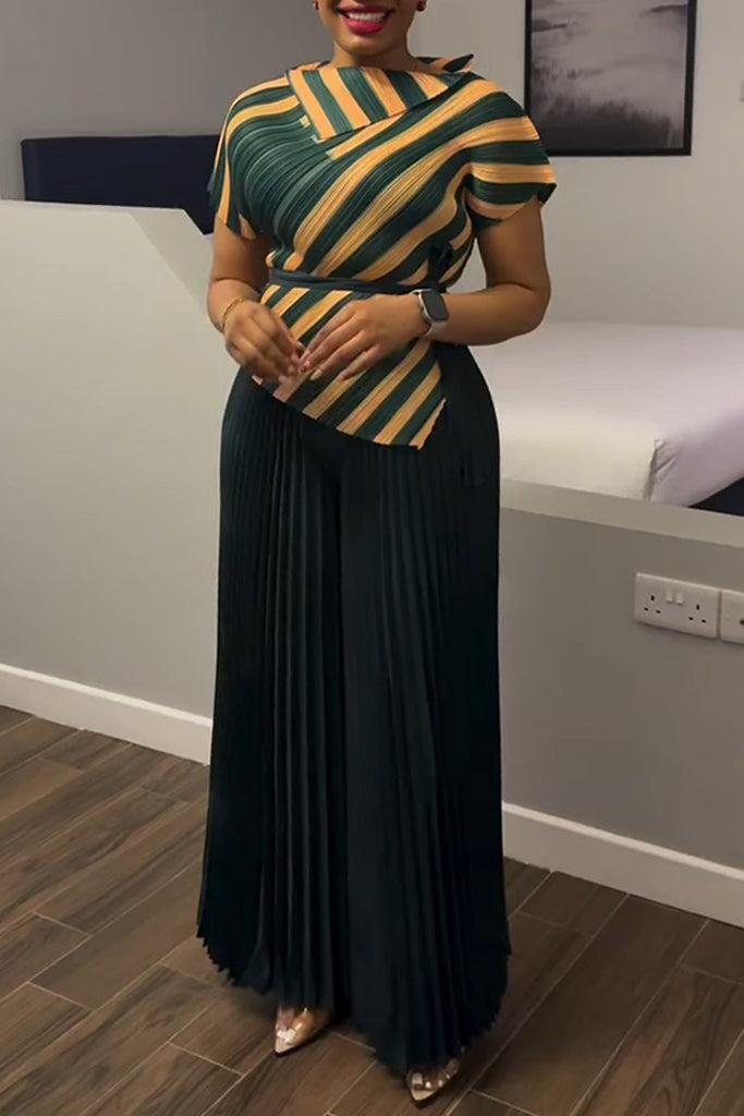 Casual Daily Striped Print Slit With Belt Short Sleeve Two Pieces