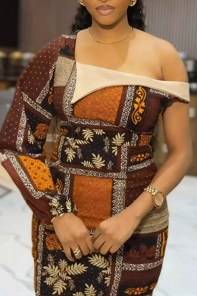 Daily Print Backless Asymmetrical Collar Wrapped Skirt Dresses