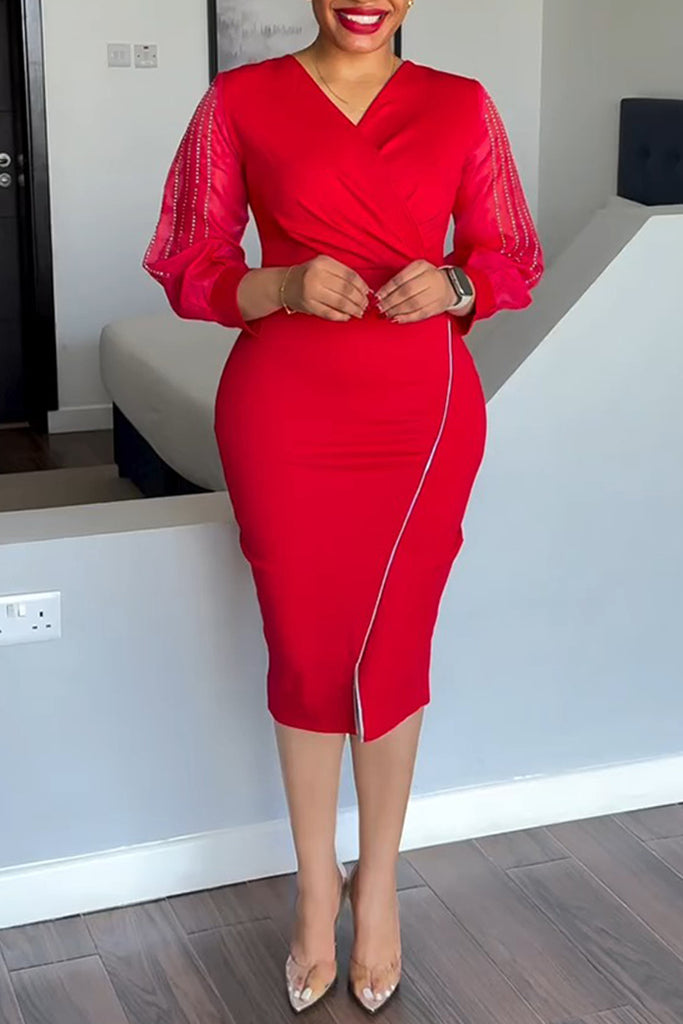 Casual Daily Solid Color Patchwork See-Through Slit Ruched V Neck Wrapped Skirt Dresses