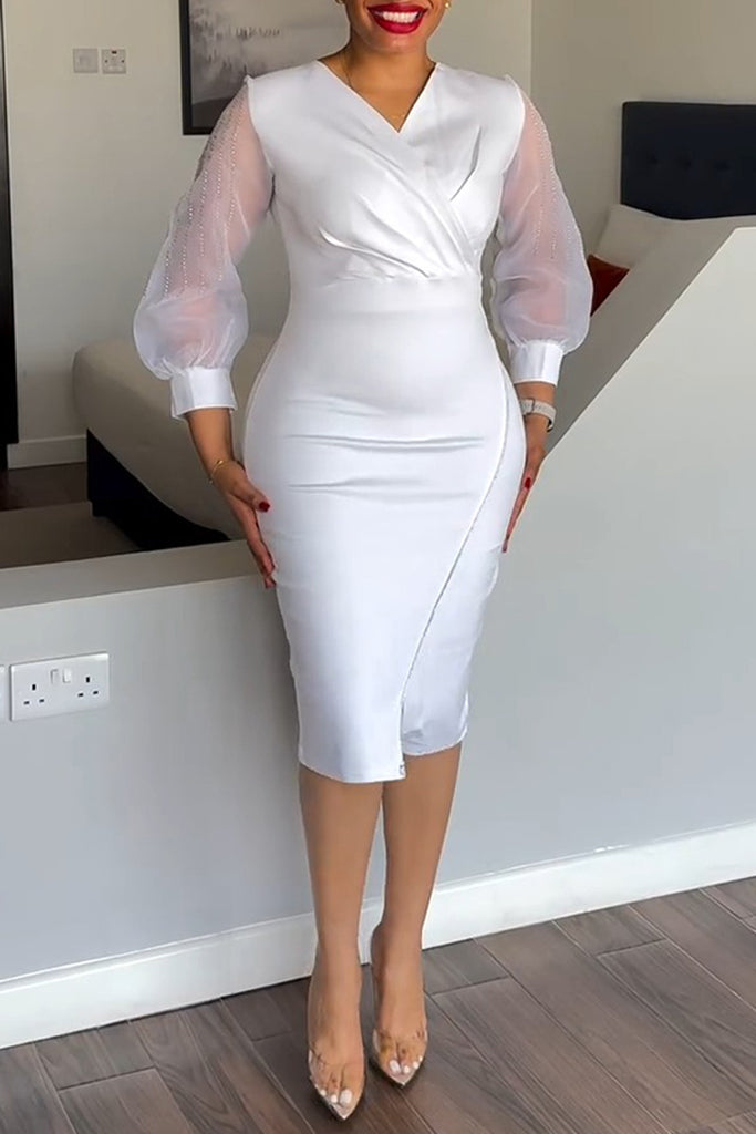 Casual Daily Solid Color Patchwork See-Through Slit Ruched V Neck Wrapped Skirt Dresses